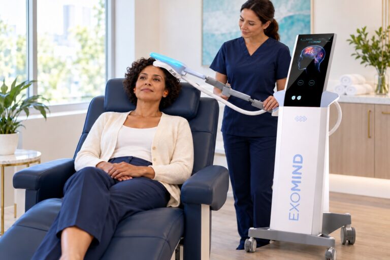 EXOMIND treatment scene with an adult woman and clinician.